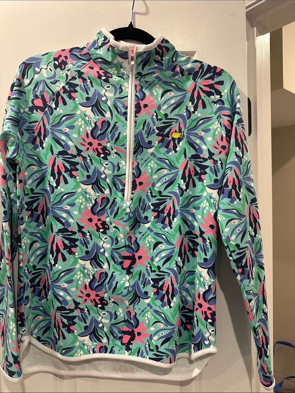 Floral Quarter-Zip Puffer Pullover in Mint Green